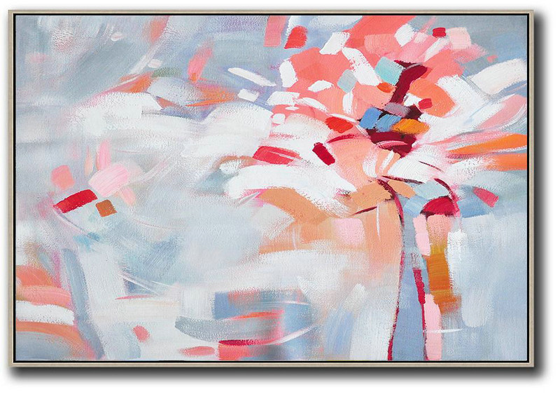 Extra Large Abstract Painting On Canvas,Oversized Horizontal Contemporary Art,Large Canvas Art White,Pink,Red,Grey